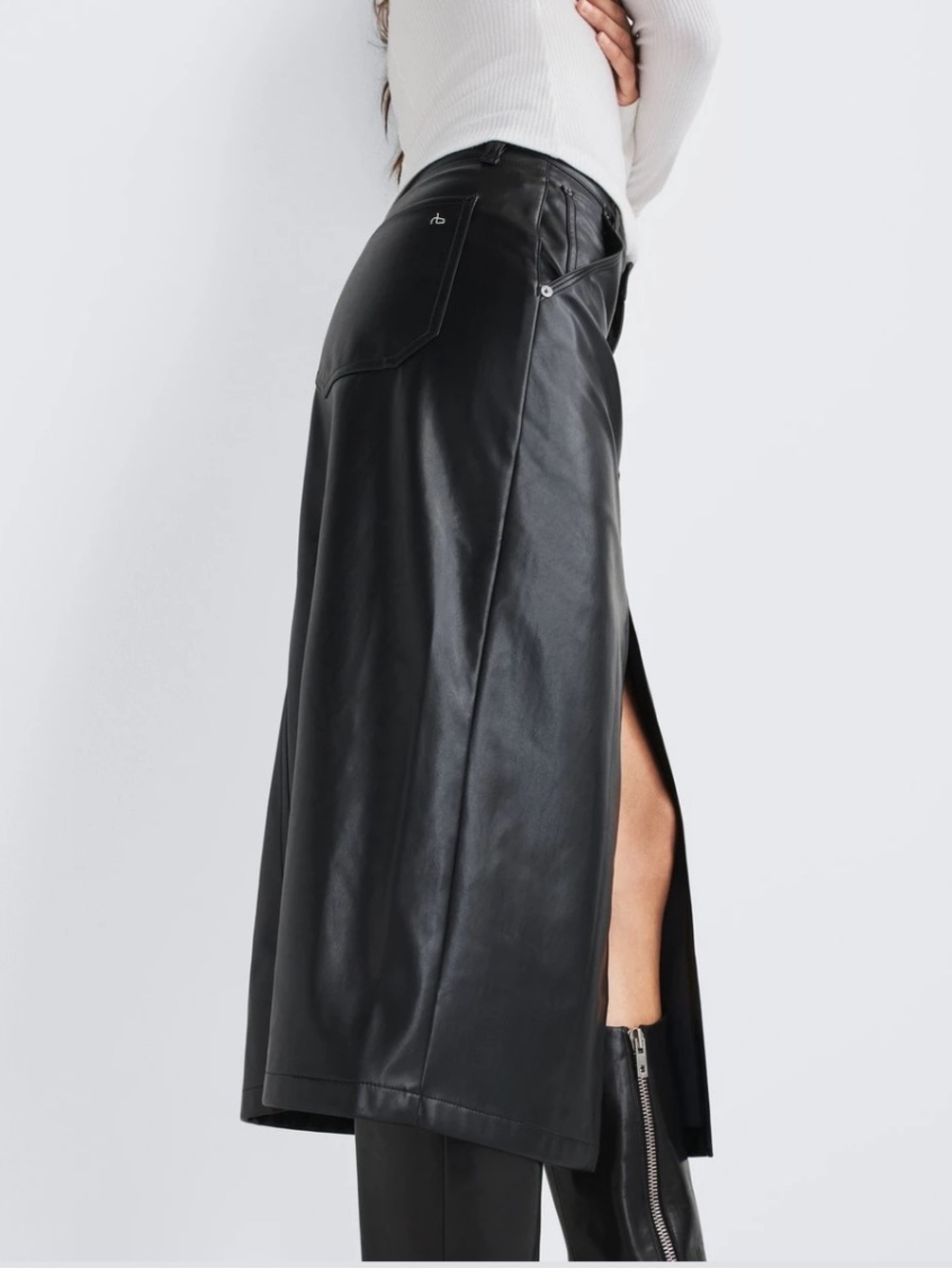 rag & bone Black Faux Leather Sid Midi Skirt with Front Slit